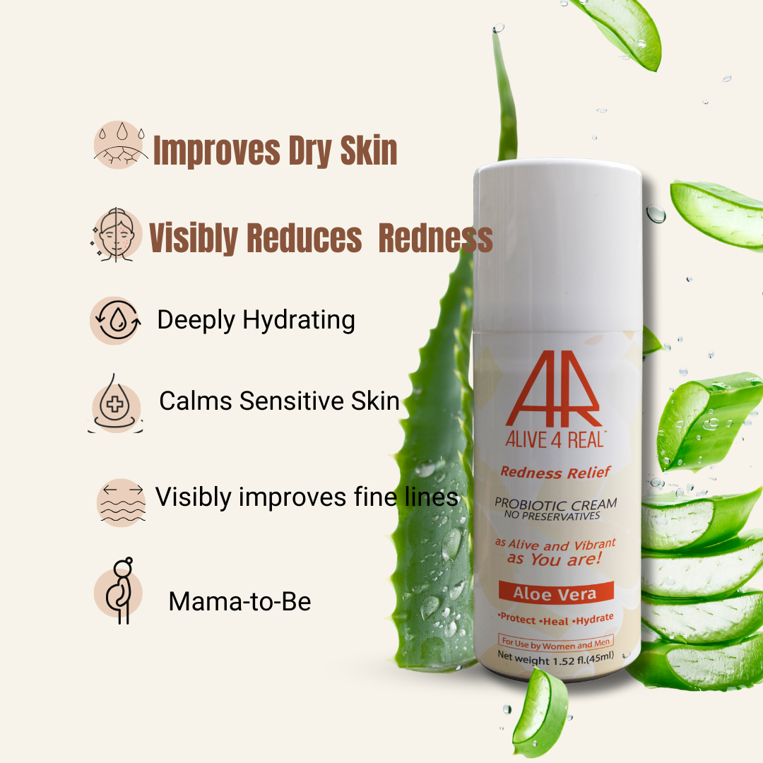bottle of moisturiser with a cut aloe vera peaces on white background