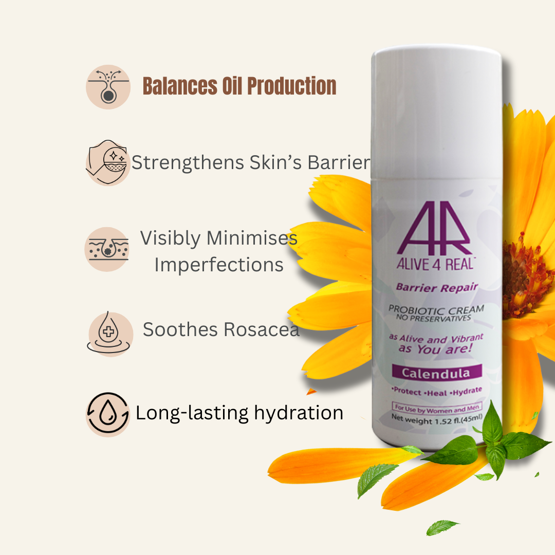 Skincare product with Calendula and text highlighting benefits on a beige background