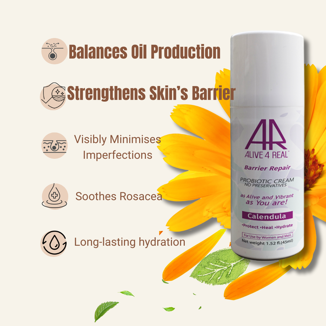 Skincare product with Calendula and text highlighting benefits on a white background