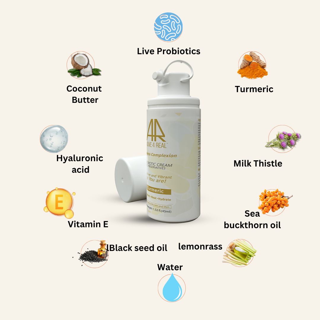 Alive4real probiotic moisturiser Flawless Complexion with lactobacillus probiotic strain and turmeric extract .Made-to-order without preservatives .Enhances skin barrier function, healing benefits. Improve skin irregularities:blotchiness, blemishes, dark spots, discolorations, dullness, redness, excellent for dry skin.Anti-aging benefits.