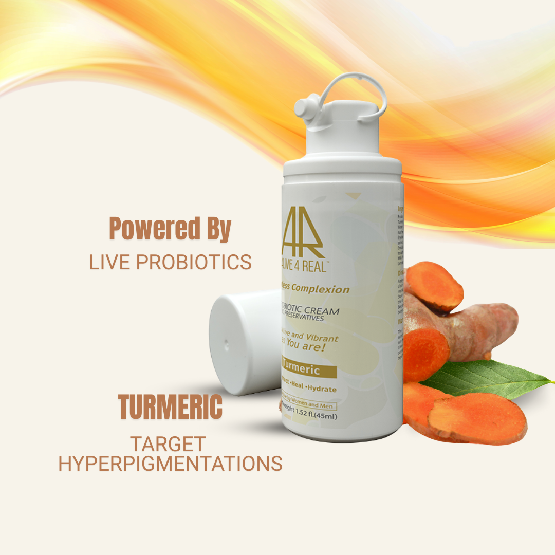 Cosmetic cream bottle with turmeric and text about live probiotics and hyperpigmentations on a colorful background