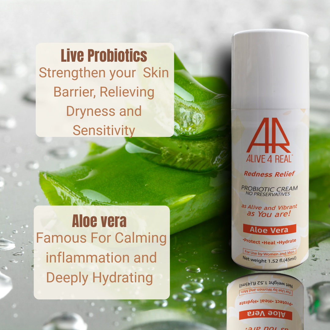 Probiotic cream bottle with aloe vera leaves and text about skin benefits on a gray background