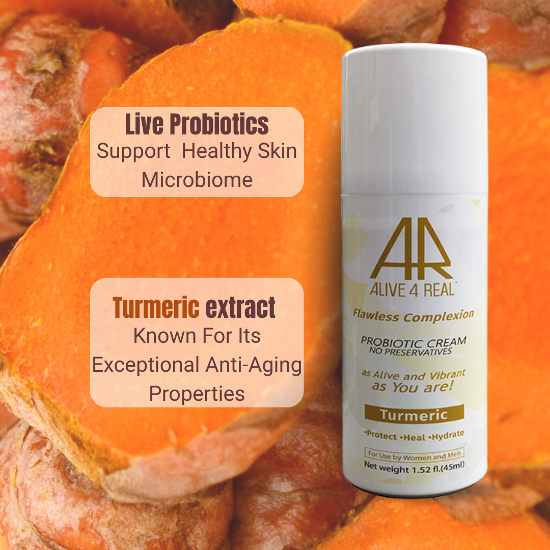 Probiotic cream bottle with turmeric extract on a background of pumpkins, emphasizing health and wellness.
