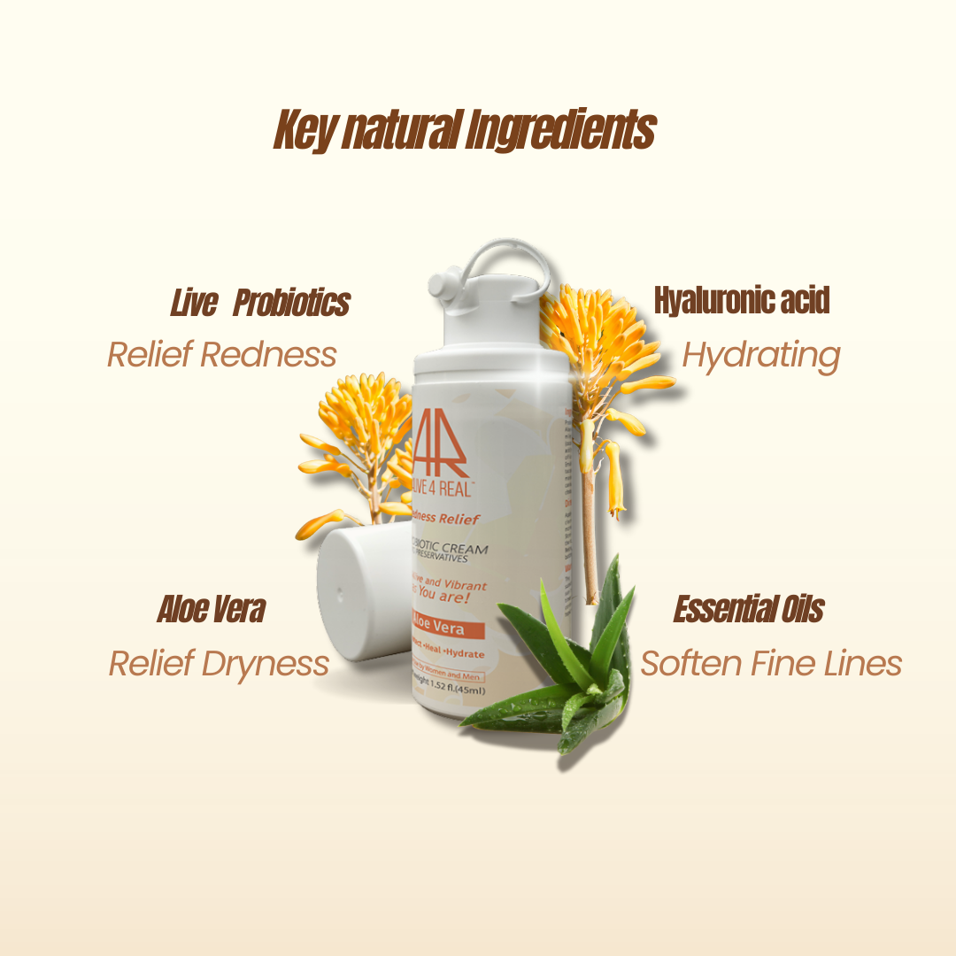 Cosmetic cream bottle with natural ingredients text on a beige background