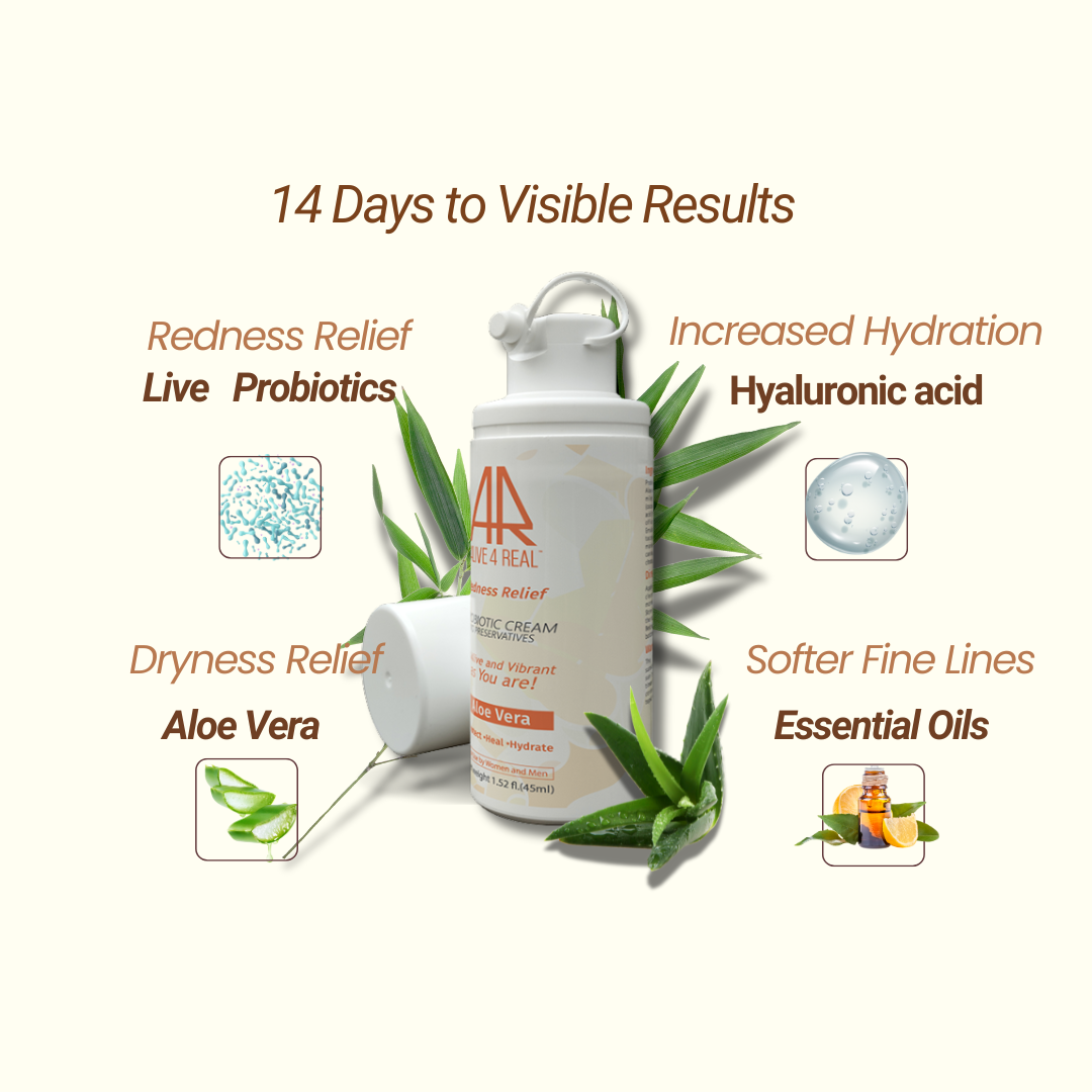 Skincare product with aloe vera leaves and text highlighting benefits on a white background