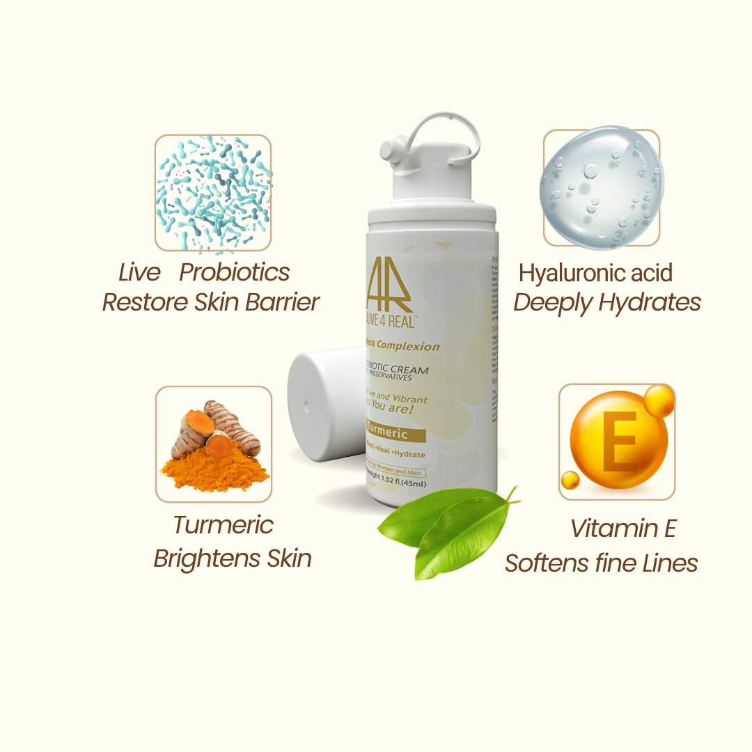 Alive4real moisturier with live probiotics without preservatives,made-to-order.Hydrate,heal,protect.Fade hyperpigmentations