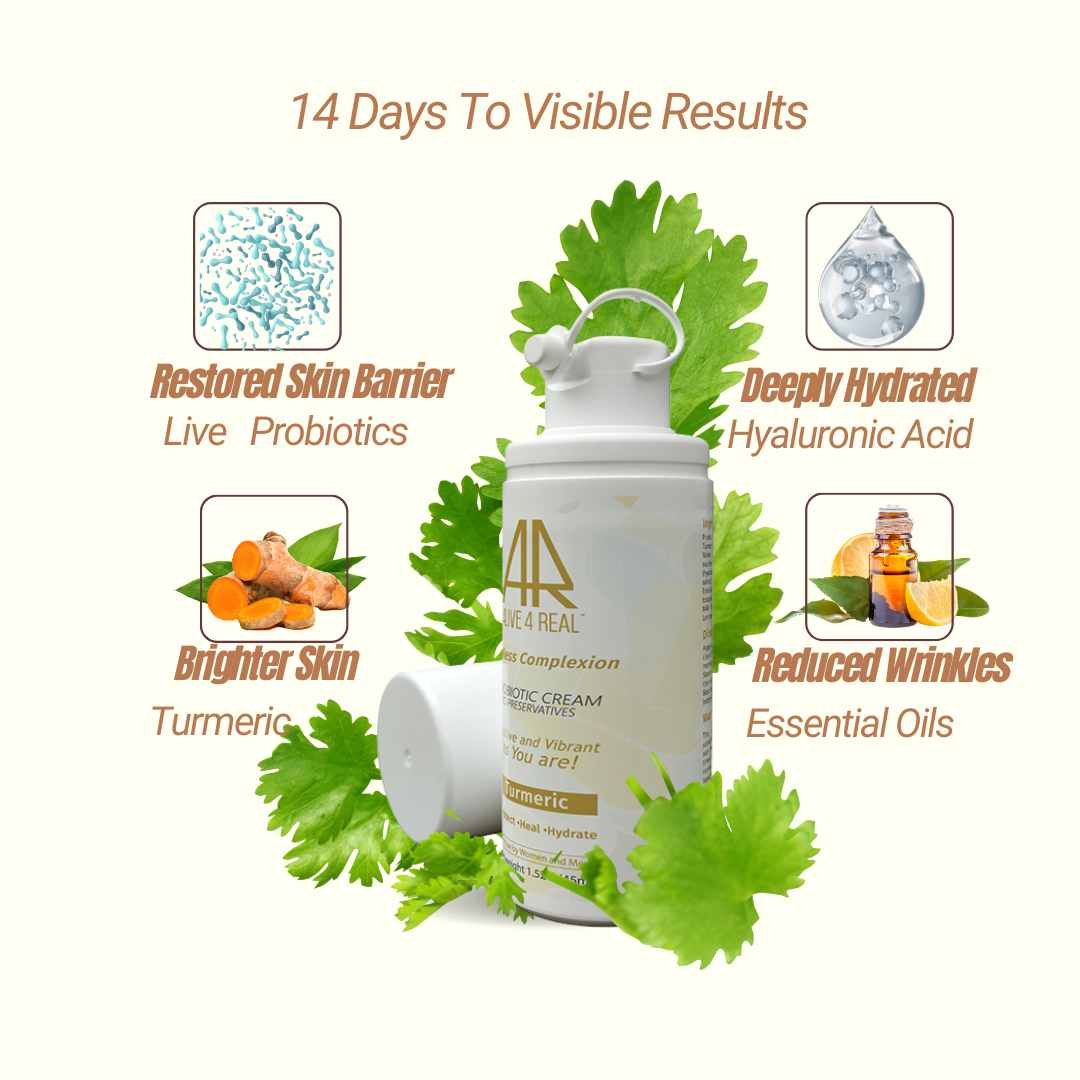 Skincare product with green leaves and text highlighting benefits on a white background