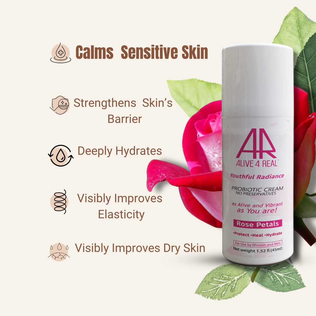 Skincare product with benefits listed on a white background