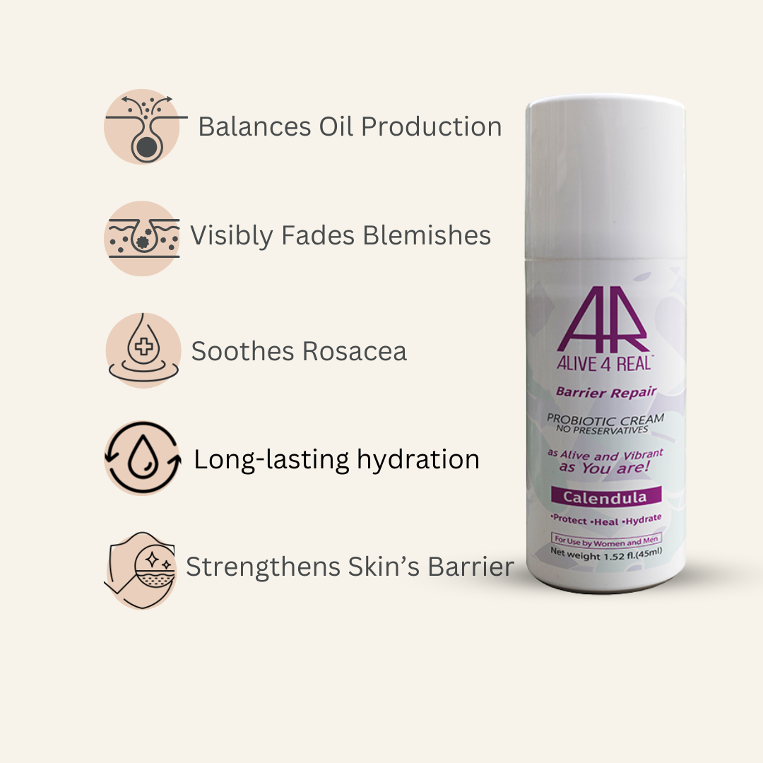 Alive4real Barrier repair probiotic moisturiser blances oil production,soothe rosacea,fades blemishes,deeply hydrates,improves elasticity