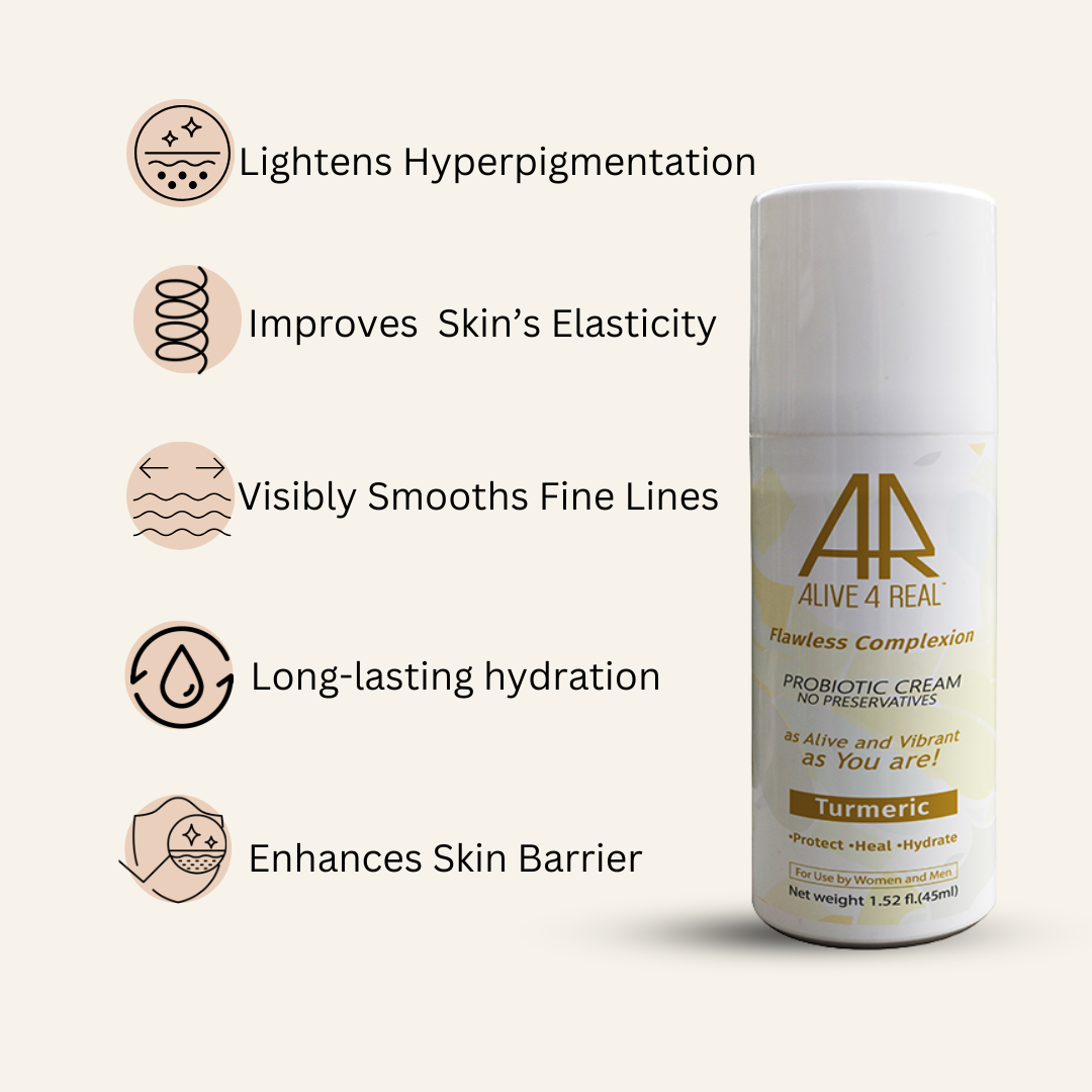 alive4real probiotic moisturiser with turmeric.Lightens hyperpigmentation, improves elastcity,hydrates,smooths fine lines.