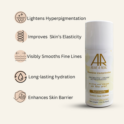 alive4real probiotic moisturiser with turmeric.Lightens hyperpigmentation, improves elastcity,hydrates,smooths fine lines.