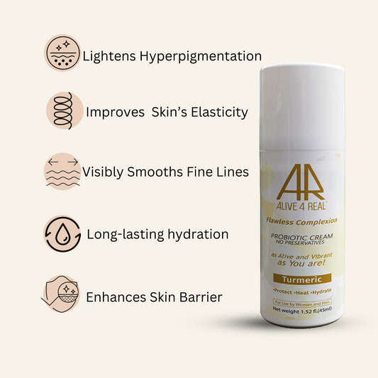 alive4real probiotic moisturiser with turmeric.Lightens hyperpigmentation, improves elastcity,hydrates,smooths fine lines.