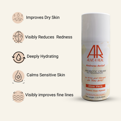 alive4real probiotic moisturiser with fresh aloe vera no preservatives.visibly reduses rednrss,hydrating,healing sensitive skin,improves fine lines