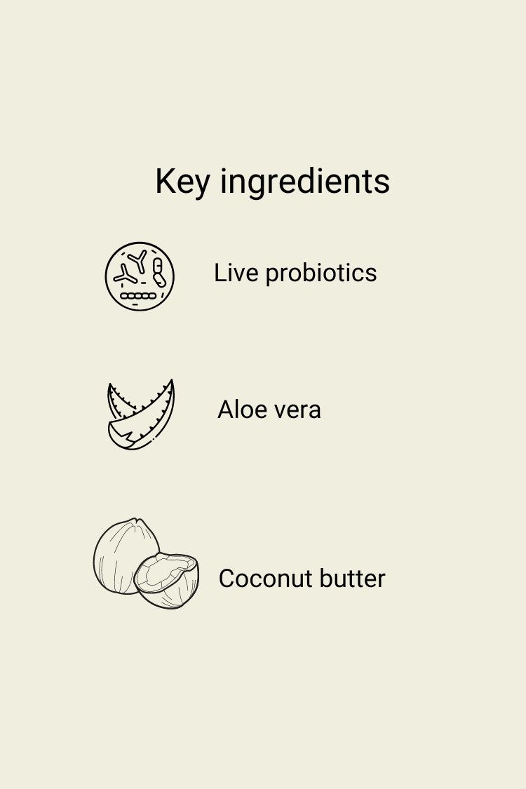 Alive4real redness relief moisturiser with key ingredients: live probiotics aloe vera, coconut butter without preservatives.