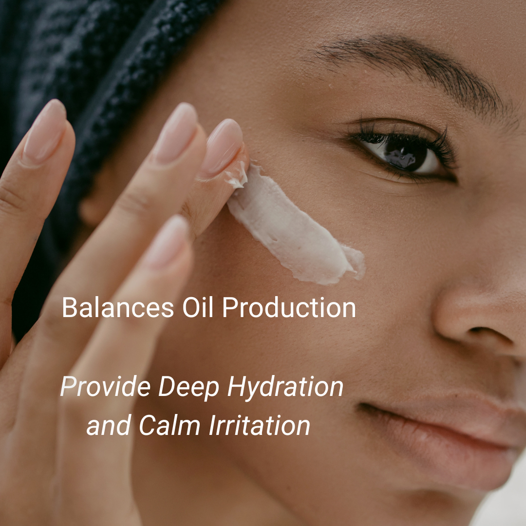 Woman applying cream to her face with text about skincare benefits