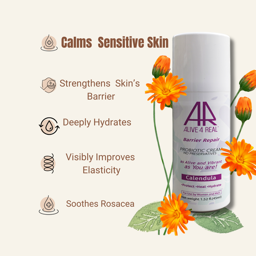 Skincare product with calendula flowers and benefits listed on a beige background