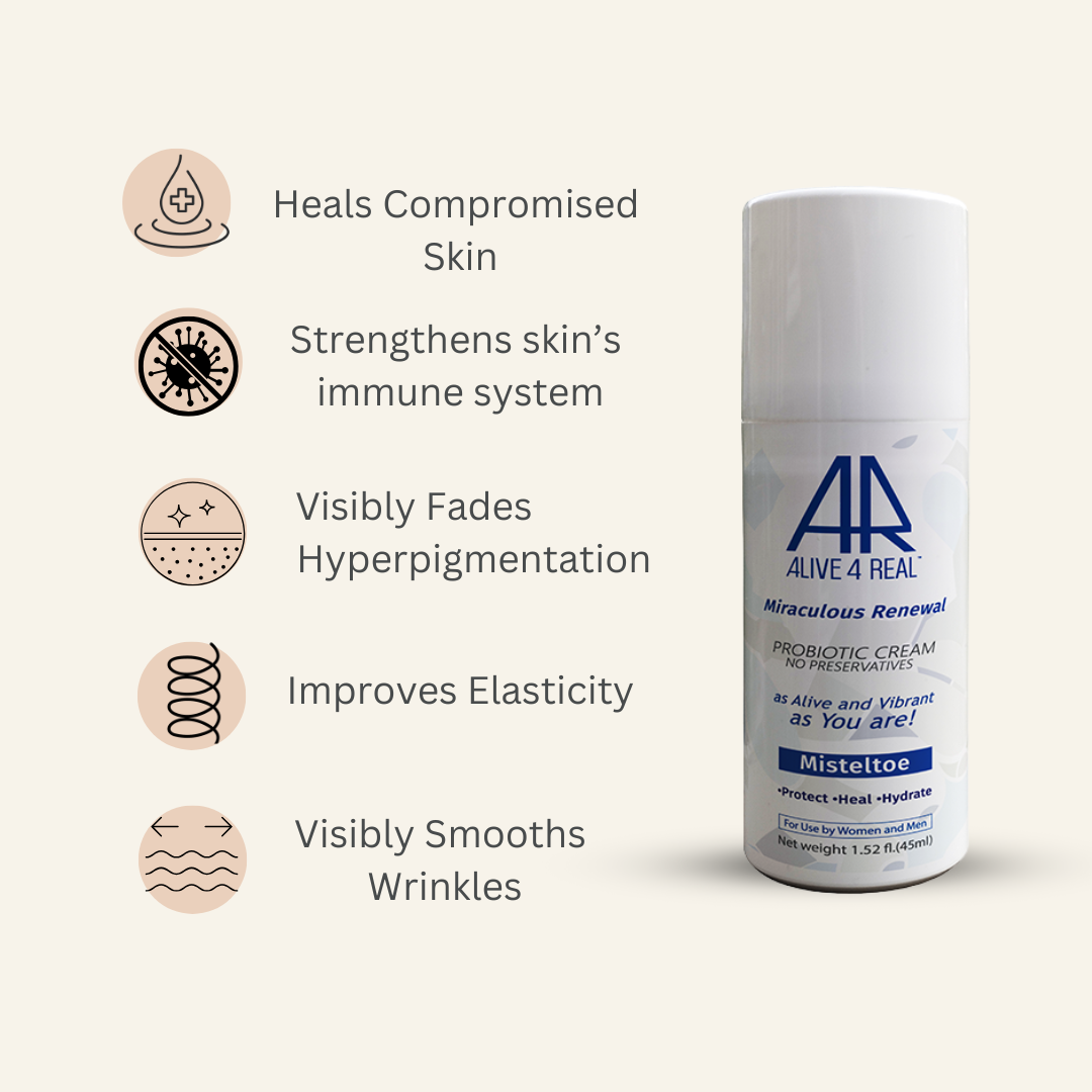 Alive4real probiotic moisturiser miraculous reneval,strengthen skin,s immune syctem,heals skin,lighten brown sots,enhances skin barrier.