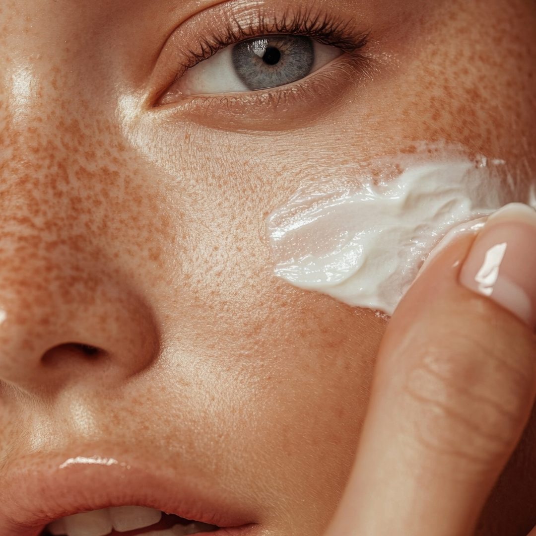 Close-up of a person applying cream to their face