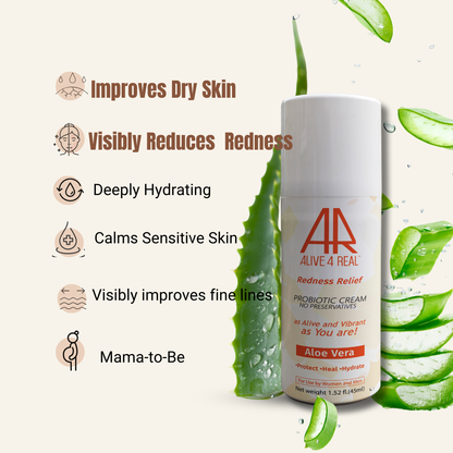 bottle of moisturiser with a cut aloe vera peaces on white background