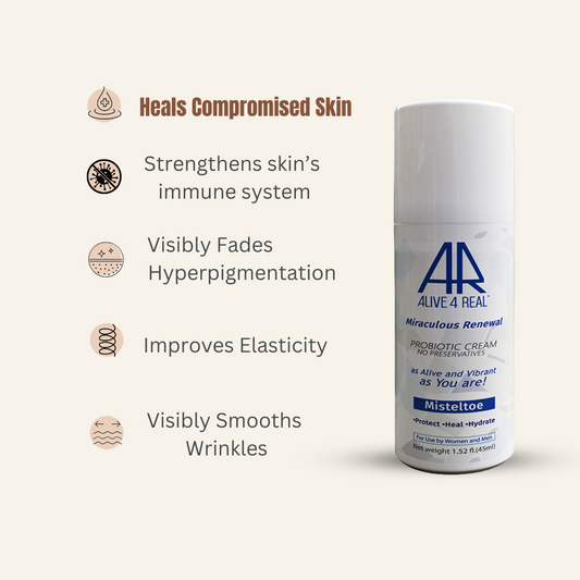 Alive4real probiotic moisturiser miraculous reneval,strengthen skin,s immune syctem,heals skin,lighten brown sots,enhances skin barrier.