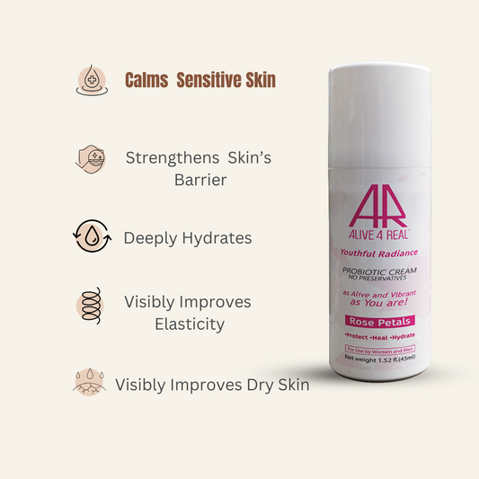 Alive4realprobiotic moisturiser with rose extract no preservatives,calms sensitive skin,improves elestisity,improves dryness