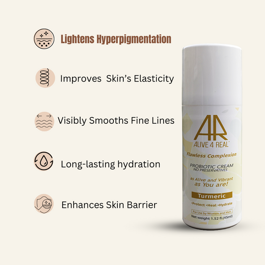 alive4real probiotic moisturiser with turmeric.Lightens hyperpigmentation, improves elastcity,hydrates,smooths fine lines.