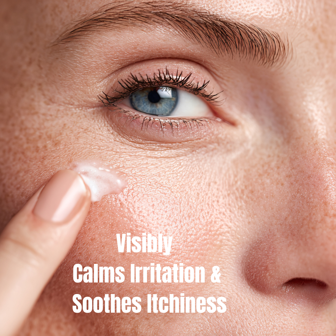 Close-up of a person applying a cream to their eye with text indicating it visibly calms irritation and soothes itchiness.