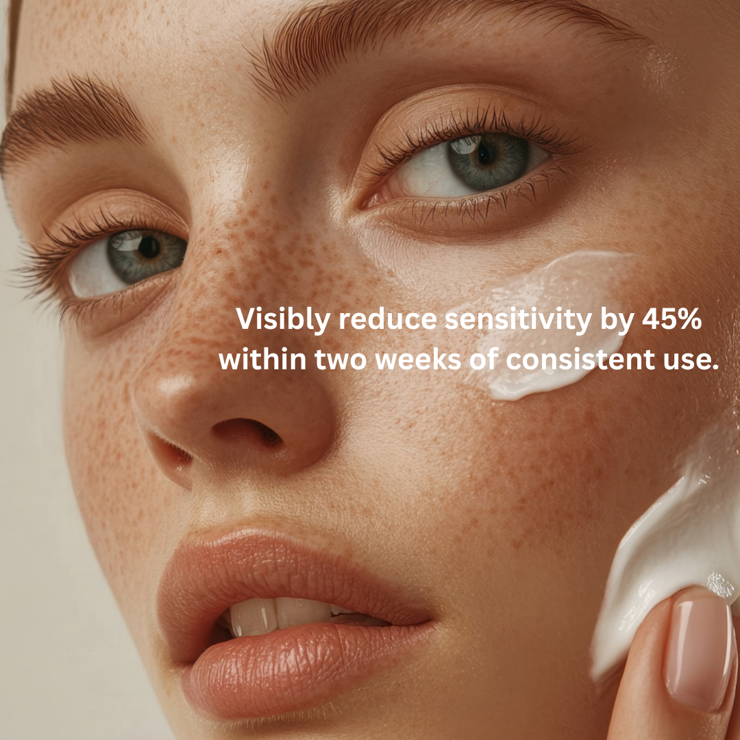 Close-up of a person applying cream to their face with text about visible redness reduction.