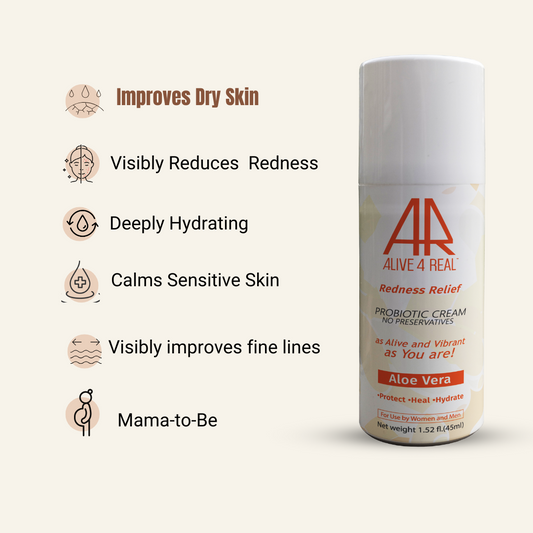 alive4real probiotic moisturiser with fresh aloe vera no preservatives.visibly reduses redness,hydrating,healing sensitive skin,improves fine lines,safe for mos-to-be.