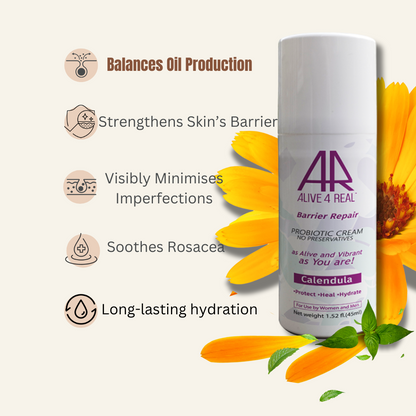 Skincare product with Calendula and text highlighting benefits on a beige background