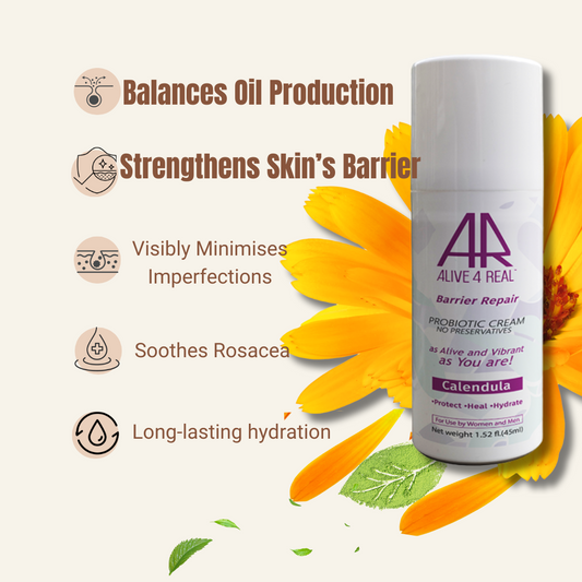 Skincare product with Calendula and text highlighting benefits on a white background