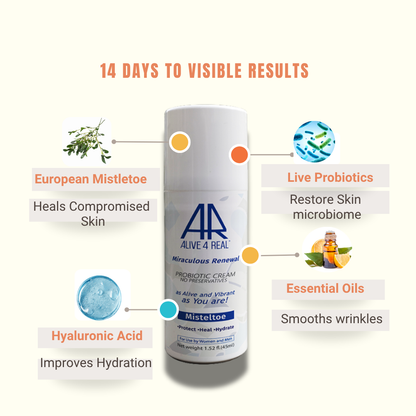 Skin care product with labeled ingredients and benefits on a white background