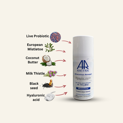 alive4real probiotic moisturiser with European mistletoe extract no preservatives made-to-order moisturiser reduce hyperpigmentation, healing, anti-aging, soothing eczema