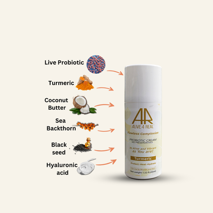 Alive4real probiotic moisturiser Flawless Complexion with lactobacillus probiotic strain and turmeric extract .Made-to-order without preservatives .Enhances skin barrier function, healing benefits. Improve skin irregularities:blotchiness, blemishes, dark spots, discolorations, dullness, redness, excellent for dry skin.Anti-aging benefits.