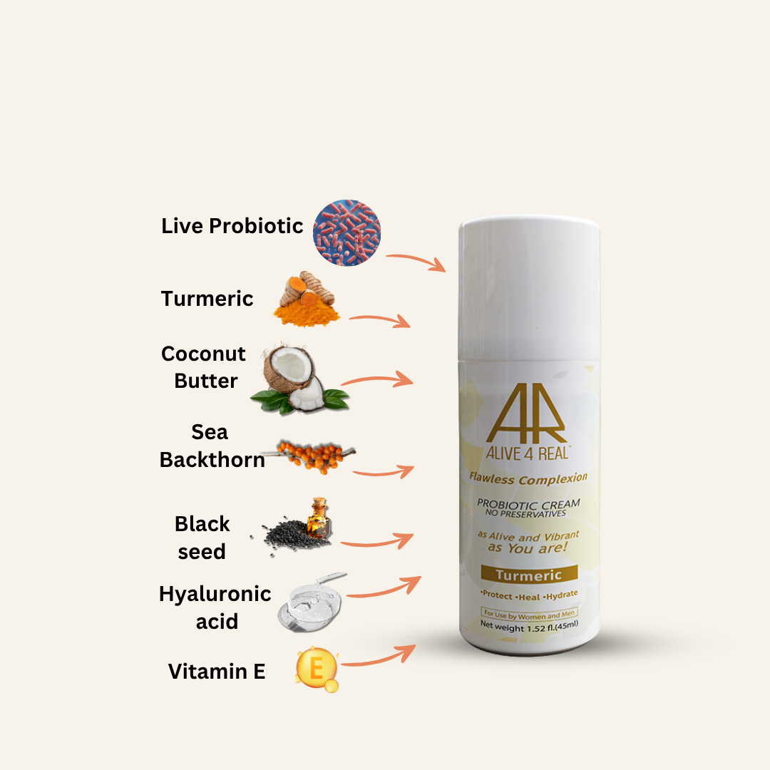 Alive4real probiotic moisturiser Flawless Complexion with lactobacillus probiotic strain and turmeric extract .Made-to-order without preservatives .Enhances skin barrier function, healing benefits. Improve skin irregularities:blotchiness, blemishes, dark spots, discolorations, dullness, redness, excellent for dry skin.Anti-aging benefits.