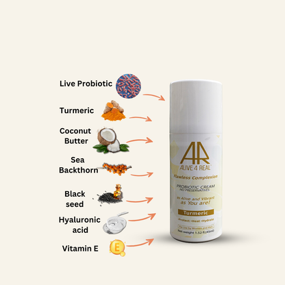 Alive4real probiotic moisturiser Flawless Complexion with lactobacillus probiotic strain and turmeric extract .Made-to-order without preservatives .Enhances skin barrier function, healing benefits. Improve skin irregularities:blotchiness, blemishes, dark spots, discolorations, dullness, redness, excellent for dry skin.Anti-aging benefits.