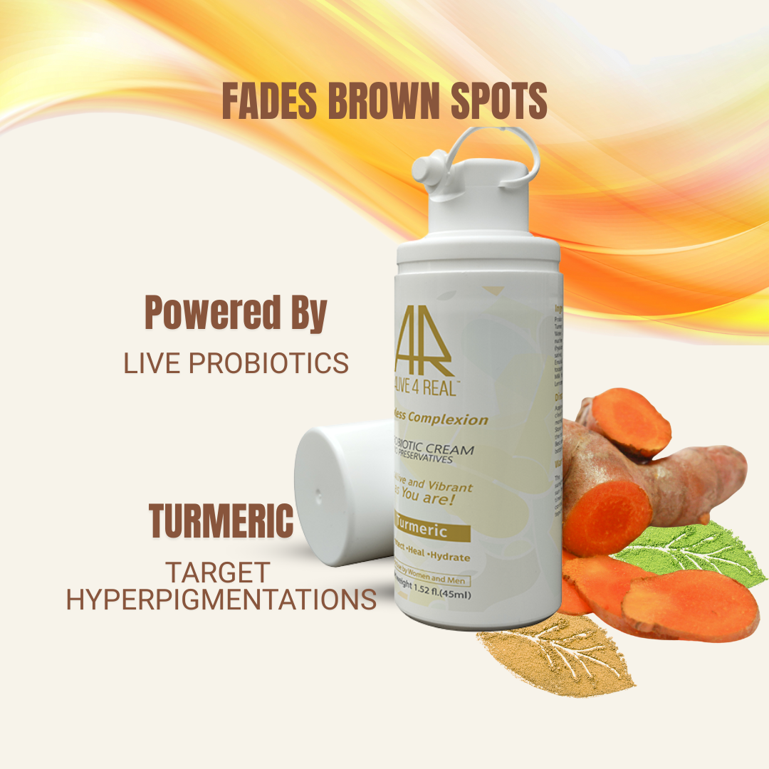 Cosmetic cream bottle with turmeric roots and text highlighting benefits on a gradient background