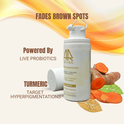 Cosmetic cream bottle with turmeric roots and text highlighting benefits on a gradient background