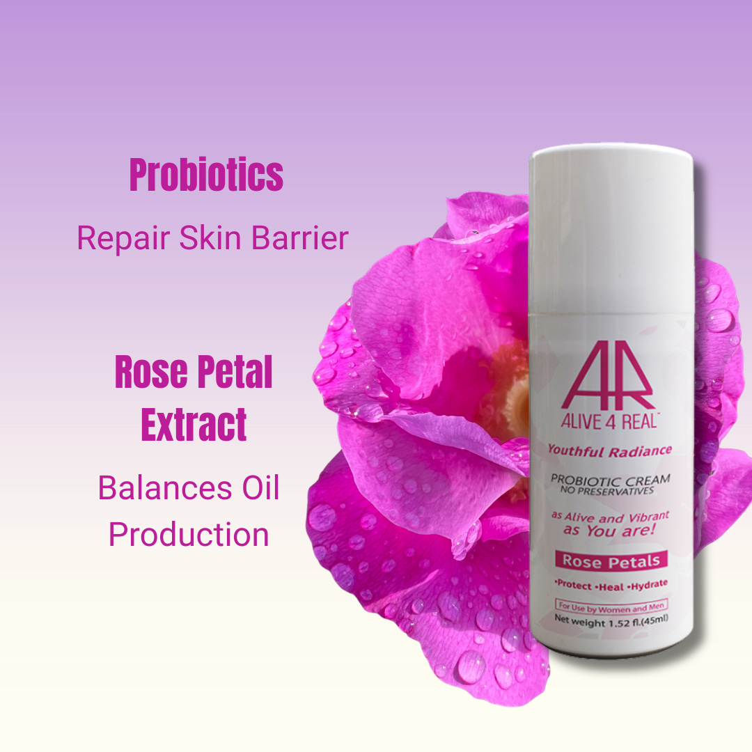 Skincare product with rose petal extract and text on a purple background