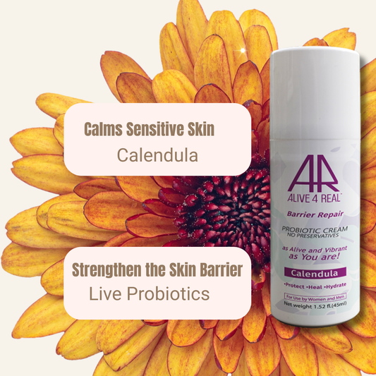 Skincare product with text about benefits on a floral background