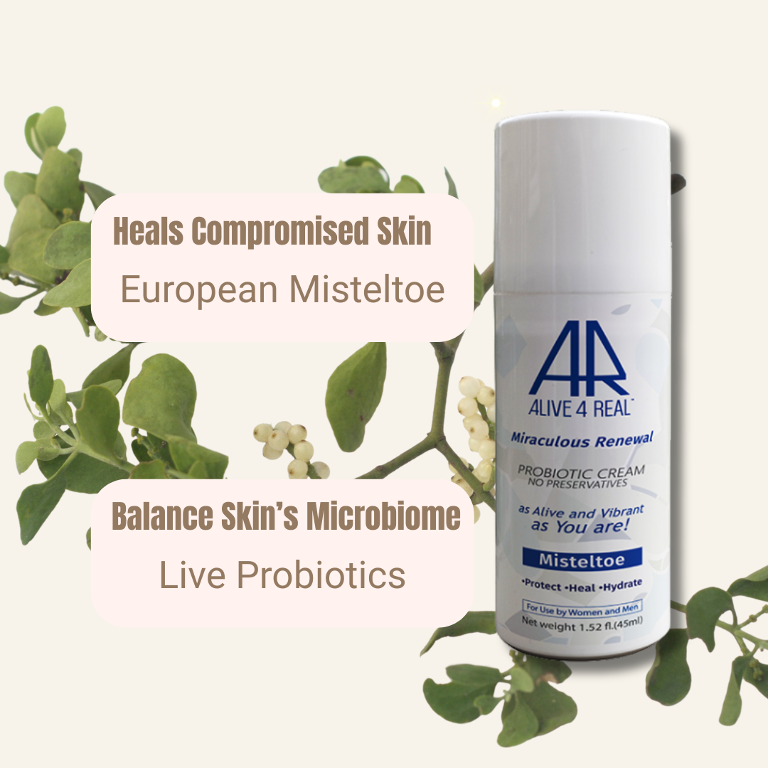 Probiotic cream bottle with European mistletoe leaves on a white background