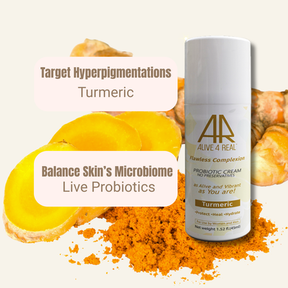 Probiotic cream bottle with turmeric and slices on a white background