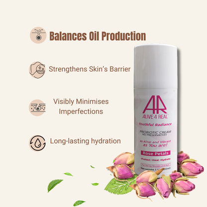 Skincare product with benefits listed and rose petals on a light background
