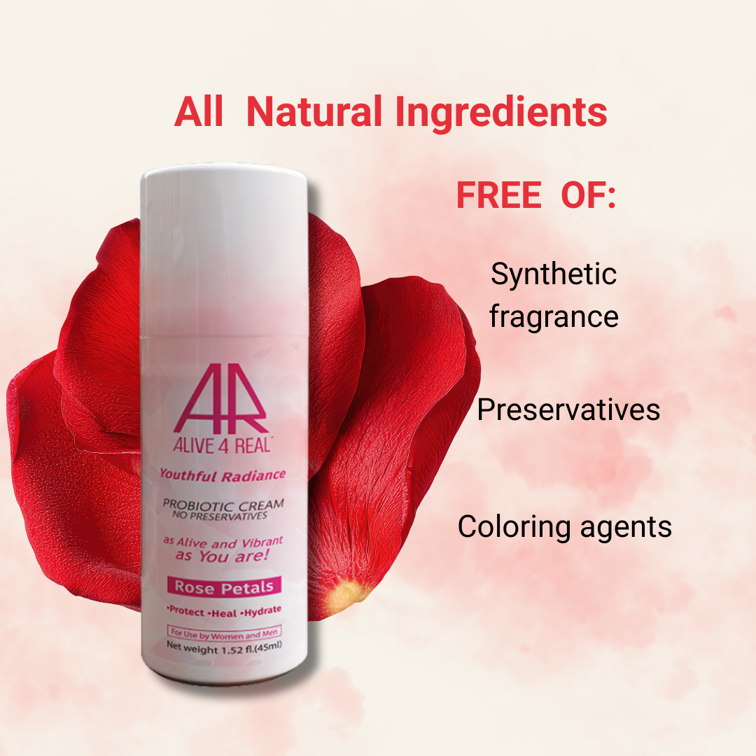 Skincare product with red rose petals and text about natural ingredients on a pink background