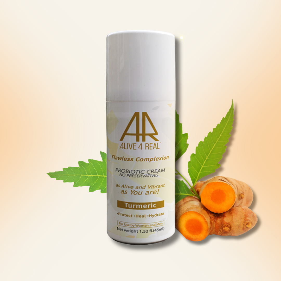 Skincare product with turmeric and leaves on a gradient background