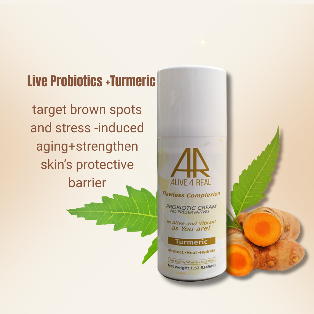 Skincare cream bottle with turmeric and leaves on a beige background