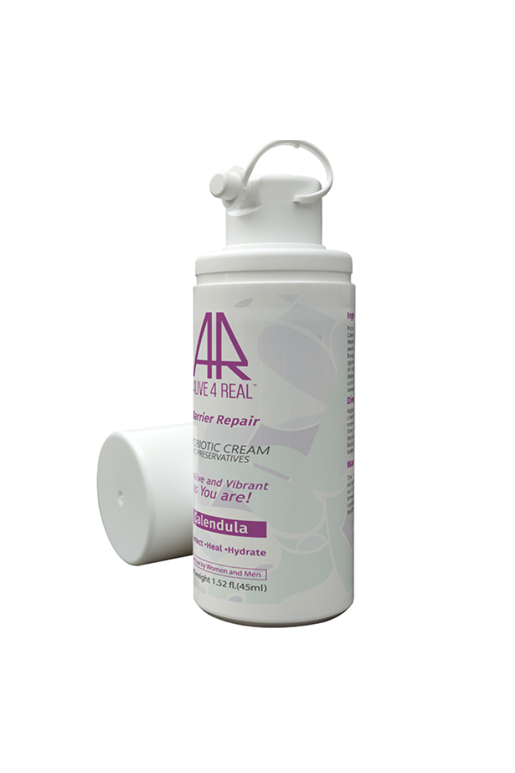 Made-to-order Alive4Real Probiotic Skincare Cream with Lactobacillus ,Fresh Calendula , Hyaluronic acid, for Healing, Hydration, Anti-Aging, Air-Free Pump Container for Freshness, Enhances Skin Barrier Function,Preservatives Free.Shown open container.