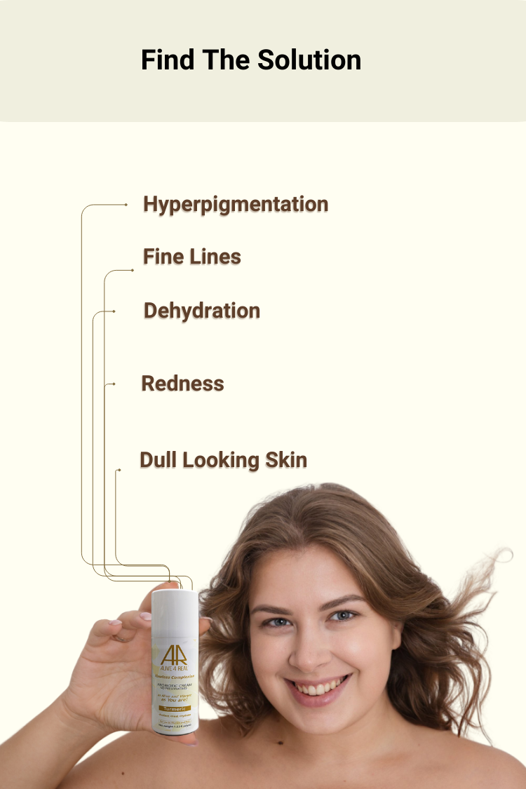 alive4real probiotic moisturisers find the solution for skin problems:hyprpigmentation,fine lines,redness,dull looking skin