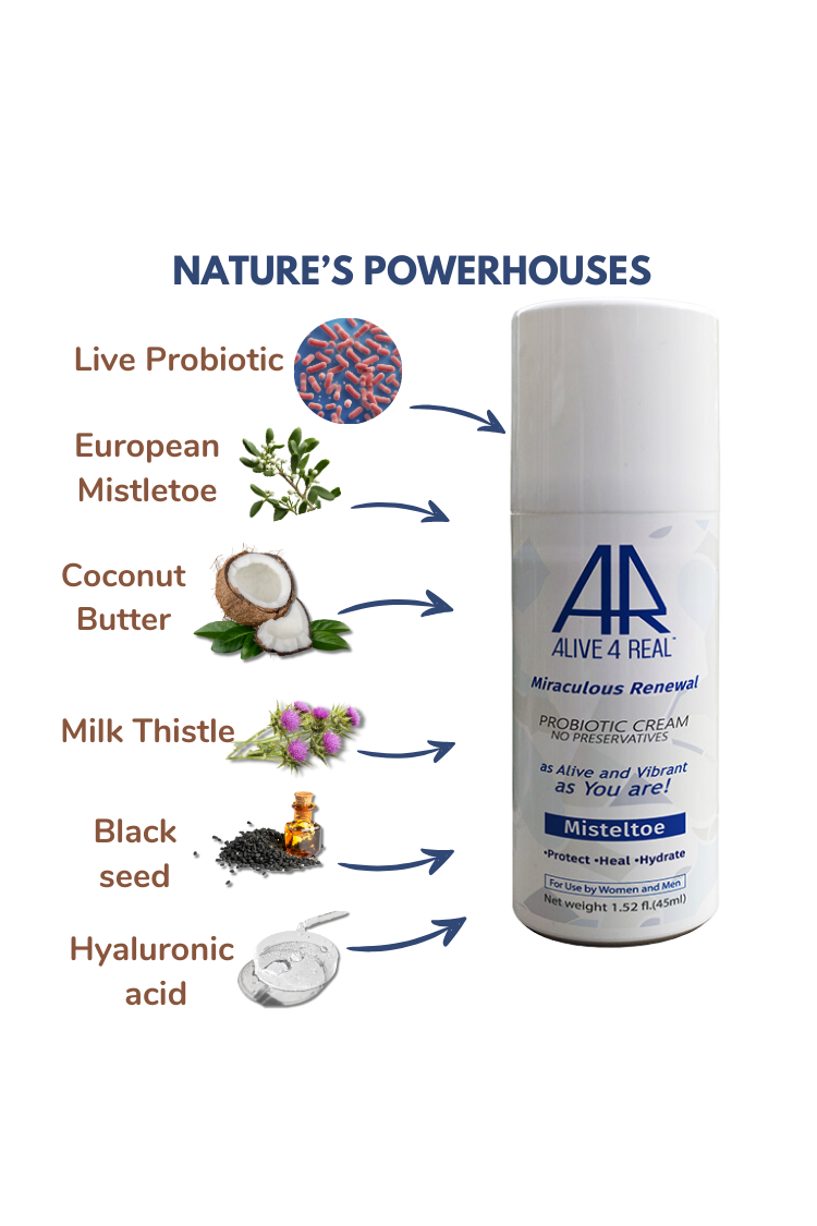 alive4real probiotic moisturiser with European mistletoe extract no preservatives made-to-order moisturiser reduce hyperpigmentation, healing, anti-aging, soothing eczema