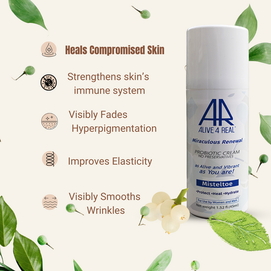 Skin care product with benefits listed on a white background with green leaves